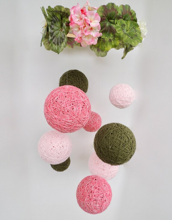 Floral Yarn Ball Mobile in Coral Dark Olive and Soft Pink
