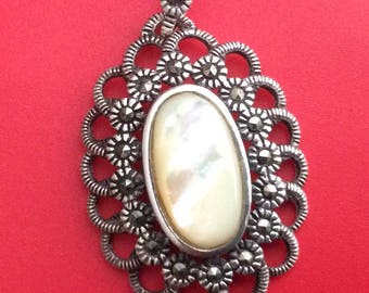 Vintage Sterling Silver Marcasite and Mother of Pearl Pendant