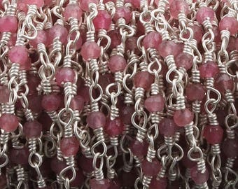 Clearance Sale 10 Feet Ruby 2mm Rosary Style Beaded Chain - Ruby Beads Wire Wrapped 925 Silver Plated Chain BD530