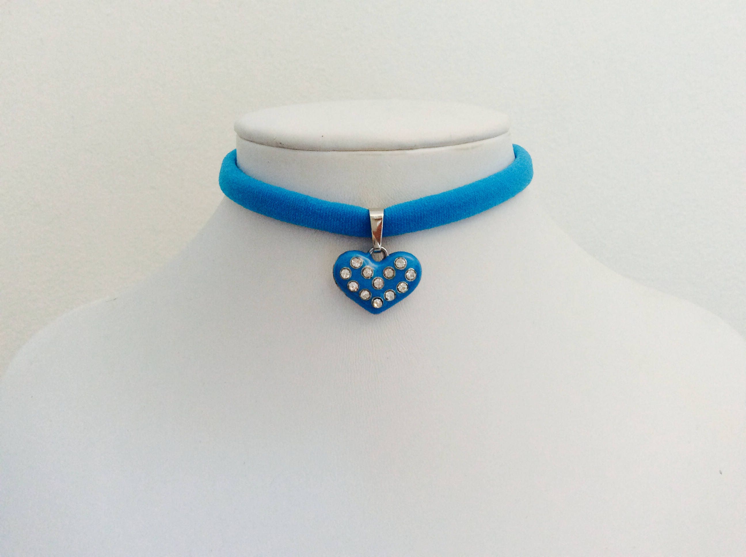 Kids Girls Tween Handmade Stretch Choker Necklace Blue Heart