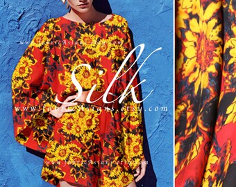 Sun flowers orange silk crepe by the yard - achat crepe de soie au metre
