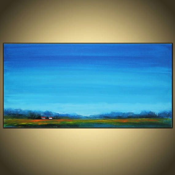Large 24 x 48 inches Abstract Landscape Painting Original Oil and Acrylic on canvas,Blue greenYellow
