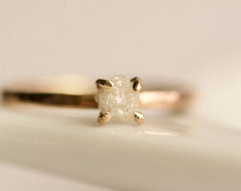 Rough Diamond Engagement Ring. Raw Diamond Ring. White Diamond Ring. Raw White Diamond Ring. Rose Gold Diamond Engagement Ring.