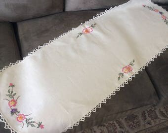 Hand embroidered Linen Table Runner or Dresser Scarf