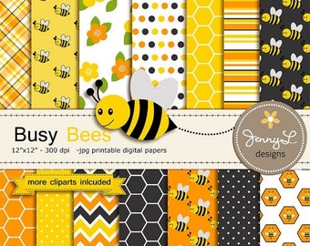 50% OFF Bee Digital papers and Clipart SET, Bumble Bees, Honeycomb, Beehive, Baby Shower, Birthday Scrapbooking Paper Party Theme,