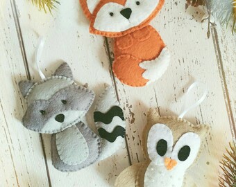Fox, owl and raccoon felt decorations, woodland creatures, felt animals, home decor, woodland decorations