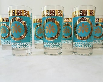 7 Mid Century Glasses, Vintage, Gold, Georges Briard, Turquoise, Culver, Fred Press