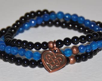 Thin Blue Line Bracelet Set, Genuine Black Onyx, Blue Agate, Copper, Gift For Police Wives, Moms, Law Enforcement, Protection, Courage, more