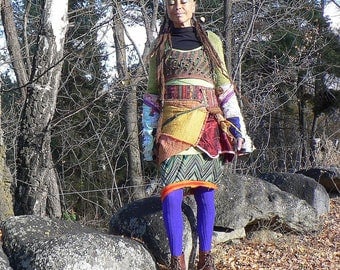 dress with multicolored patchwork and braces