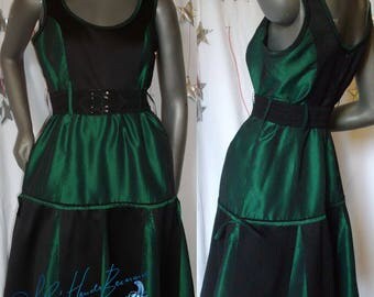 dress, green olive taffeta and black satin crepe, trapezium cut, retro styl, party festival, evening cocktail, ball of ceremony wedding