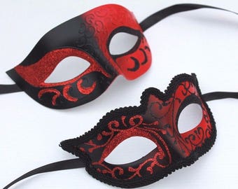 male female Couples Black Roman Mask and Women gold Accent