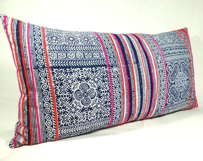 12"x24" Beautiful Hmong Batik Pillow Cover, Indigo Cotton Cushion Cover, Tribal Decorative Pillow Case, Hill Tribe Ethnic Pillow Cover