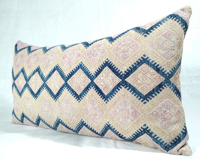20% OFF SALE Vintage Chinese Wedding Blanket Pillow Cover / Boho Pink Tan Indigo Miao Dowry Textile / Handwoven Lumbar Cushion Cover