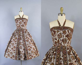 1950s Hawaiian Halter Dress/ 50s floral print cotton sundress/ Small (33b/26w)