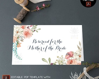 Wedding Place Card, floral card template, printable escort card, Seating card, Table card template, Rustic place card, PDF template