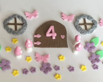 Woodland Flowers Fairy Door Windows Toadstools Mushrooms Personalised Edible Cake Topper Sugar Fondant Decoration