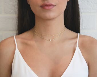 Tiny Pearl Choker • Pearl Layered With Dainty Chain • Gift for Her • Elegant Layered Choker w Pearl