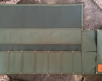 Tool Roll for Woodworkers, Carpenters, Wood Carving, Water Resistant Canvas, Leather Strap, Storage for Chisels, Carving Knife, Gift for Him