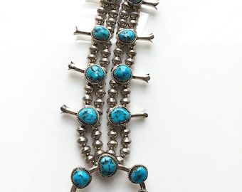 On hold for C - Vintage Native American Navajo Sterling Silver Turquoise Squash Blossom Necklace