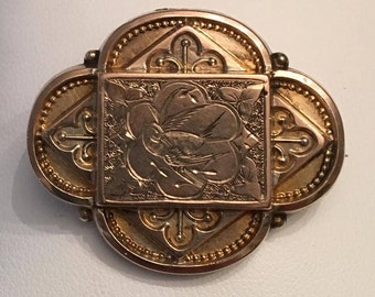 Victorian gold filled Mourning Pin Brooch with Etched Bird, Flowers and Scrolls with the Glass Insert
