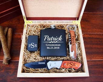 Complete Groomsman Gift Box, Engraved Groomsman Gift Set, Lighter, Flask, Corkscrew Bottle Opener, Pocket Knife, Humidor, Wood Box