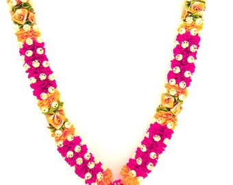 Pink yellow Indian wedding garland , artificial jasmine ribbon puja mala, photo n statue garland, Indian decoration, home decor, prayer mala