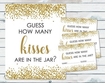 How Many Kisses In The Jar Printable, Gold Confetti Kisses Guessing Game, Guess How Many Kisses Sign And Cards, Bridal Shower Candy Guess