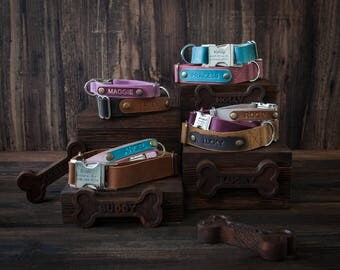 Leather dog collar, Personalized dog collar, leather, FREE MACHINE ENGRAVING of the buckle, personalized leather dog collar