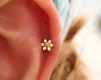 CZ Mini Sunflower cartilage earring, small tragus earring, dainty barbell flower stud, helix daith conch earring, tiny flower tragus earring