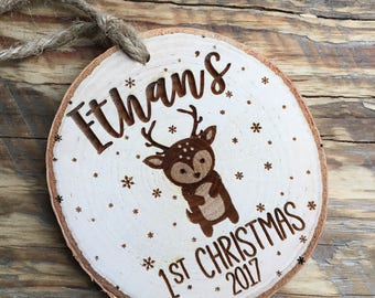 Baby's First Christmas Ornament, Wood Engraved Christmas, Newborn Christmas, Pregnancy Reveal, Rustic Xmas Tree, Wood Slice Ornament, Tree