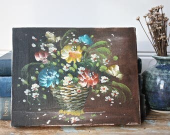 Old Petite Floral Bouquet Oil Painting Artwork Vintage Gallery Wall Flowers