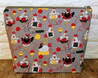 Project Bag, Knitting Project Bag, Knitting Bag, Knitting Bag Zipper, Yarn Bowl, Zippered Project Bag, Yarn Tote, Knitting Chickens