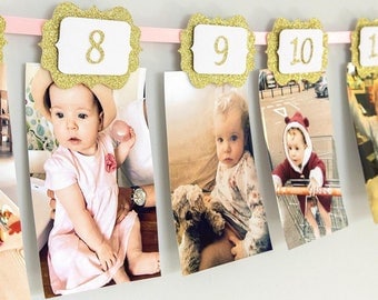First Birthday 12 Month Photo Banner. Happy Birthday Garland. Baby Pink & Gold Glitter 1st Birthday. Handmade Party Decoration. Girl or Boy