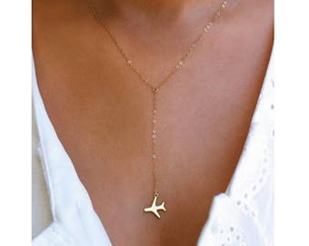 ON SALE Airplane Gold or Silver Lariat Necklace, Travel Inspired Jewelry, Airplane Necklace, Pilot Necklace, World Traveler, Wanderlust Jewe