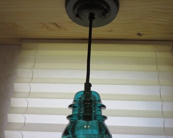 Insulator Pendant Light, Hammered Black Metal Paint Finish, Adjustable To 54" Long, Glass Antique Insulator Light, Hanging Lamp, Aqua Green