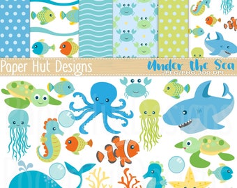 Sea Animal Clipart and Digital Paper Set-Under the Sea Clipart and Papers-Nursery-Shark-Turtle-Clown & Jelly Fish-Seahorse-BUY2GET1MOREFREE