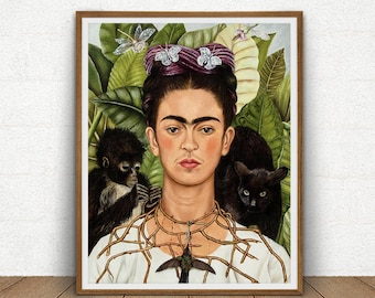 Frida Kahlo Self-Portrait Art Printable, Thorn Necklace and Hummingbird, Mexican Art, Frida Print Art Reproduction, Boho Vintage Decor