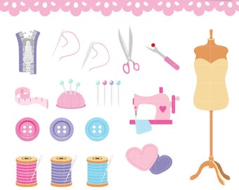 Collection Sewing Clipart. Pincushion, Dress form, zipper, Needler, Thread. Digital graphics Set great for scrapbooking. Commercial Use OK