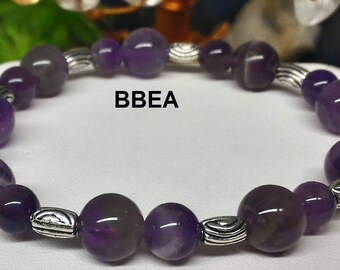 Bracelet Amethyst 8 and 10 mm and Tibetan silver barrel beads
