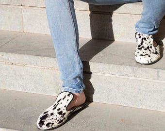 Dalmatian print mules, Moroccan slippers, leopard print mules, evening slippers, leather mules, summer shoes, slip on mules, leather clog