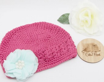 Crochet Kufi Hat, Pink, Flower, Baby Hat, Toddler Hat, Toddler Beanie, Winter Hat, Size up to 6mths