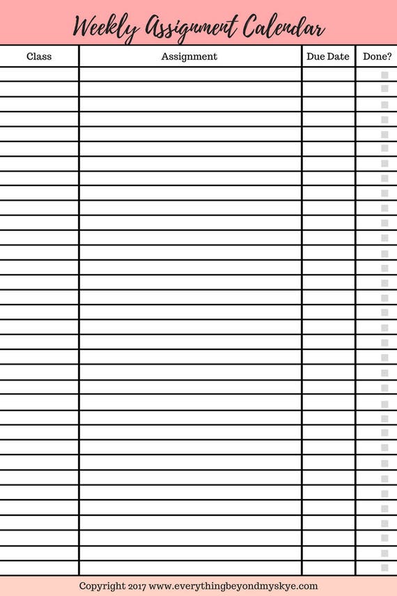 calendar for school assignments printable