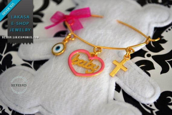 Pink Enamel Heart Baby Brooch Sterling Silver Gold Handmade Jewelry Cross Eye Mama Happy Shower Day Religious Baptism Newborn It is a Girl