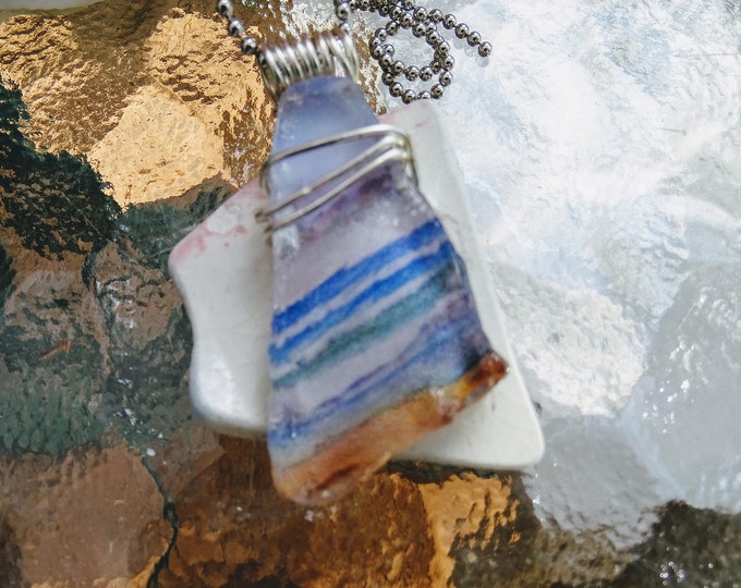 Lake Michigan Beach Glass with an image of the beach - Wire wrapped - unique shape - Medium piece of beach glass