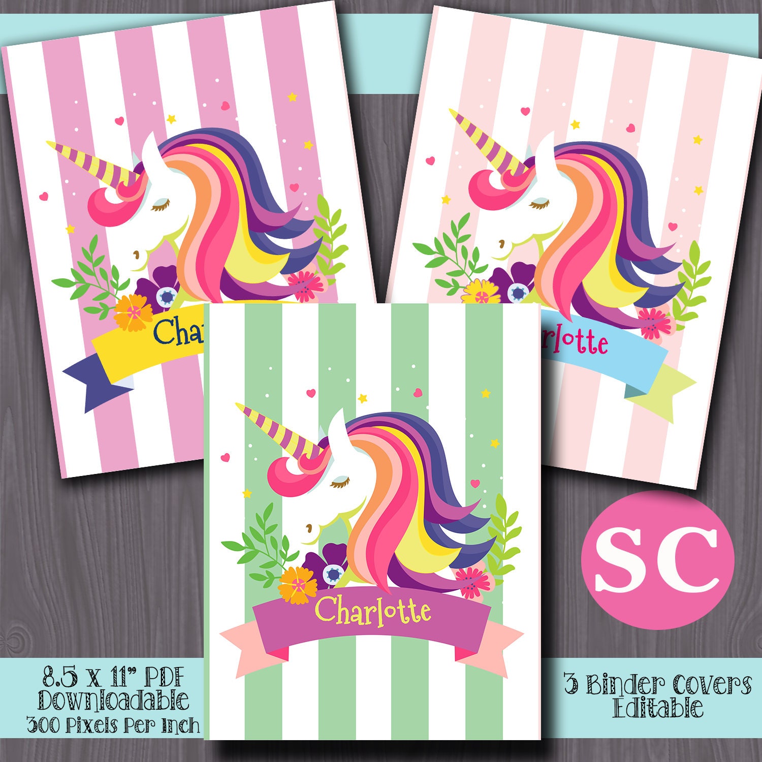 unicorn binder cover digital set of 3 pieces 85 by 11 inches