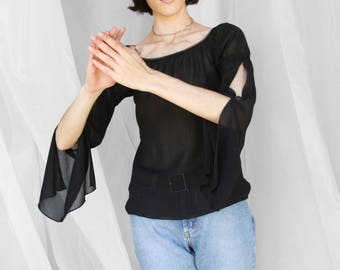 90s Vintage Black Sheer Peasant Blouse / Small