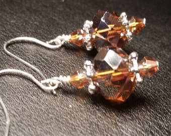Amber glass crystal Drop dangle silver wire handmade earrings