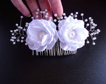 Bridal Kanzashi Hair Comb with satin flowers and pearl beads/Bridal White Headpiece/Wedding Hair Accessory/+150 custom colours