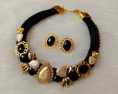 Handmade bib statement necklace and earrings with black and gold acrylic gemstones, gift for her, bridesmaid jewelry, summer jewelry
