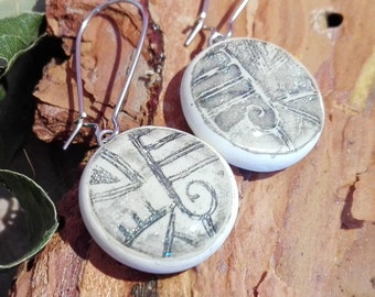 ORIGINAL Dangle Earrings - Ancient Silver Hieroglyphs // Modern Hand Painted Ceramic Drop Earrings, Minimalism Personalized Gift, Earth Art